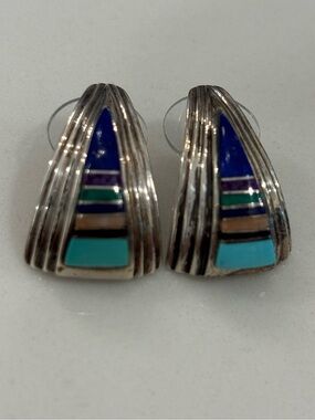 Sterling Silver Teme Inlay Teardrop Earrings with Blue and Turquoise Accents